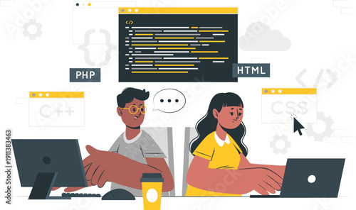 Programmers collaborating on coding project on computers in modern office workspace from overhead viewpoint