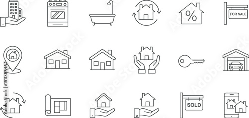 Real estate and property outline icon set featuring house sale mortgage key investment vector collection