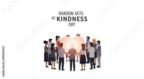 Illustration of diverse people standing together with a glowing heart on Random Acts of Kindness Day, conveying compassion and appreciation in a thoughtful and supportive scene.