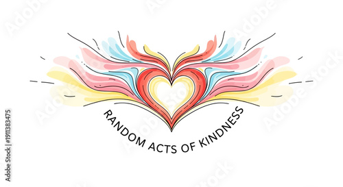 A vibrant icon illustration for Random Acts of Kindness Day featuring a heart with colorful wings on a white background with a thoughtful and compassionate mood.