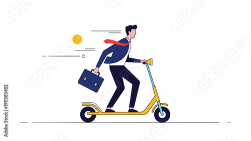 Busy businessman in a suit rides a yellow electric scooter while carrying a briefcase to reach his office quickly through modern urban transport.