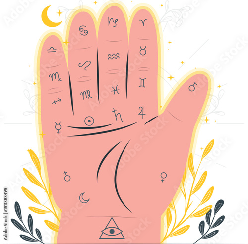 Palmistry illustration featuring astrological symbols on a hand against a plain background with decorative elements