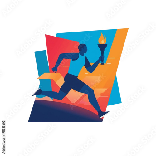 Silhouette of Runner Holding Torch Against Colorful Background