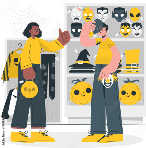 Two people browsing through a store filled with various masks and costumes from different themes and styles