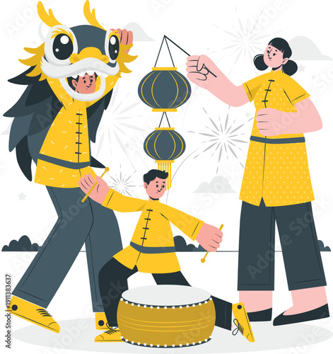 Vibrant traditional dance performance with lion costume, drum, and lanterns in festive celebration atmosphere