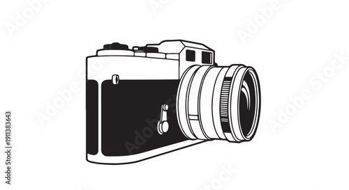 Digital Camera Illustration in Simple Line Art with Black and White Color on Plain White Background for Graphic Design