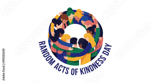 Illustration of a colorful circular icon for Random Acts of Kindness Day with diverse people and text in a curved line against a white background.