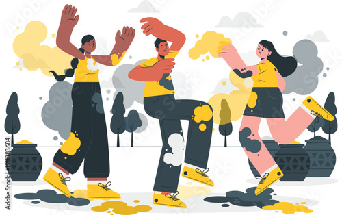 Three people dancing together in a park with paint splatters around them