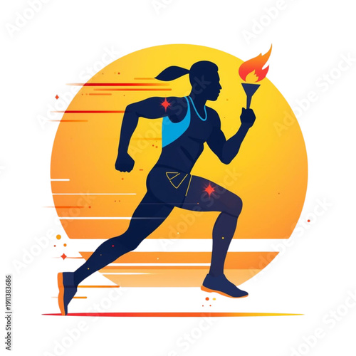 Silhouette of Female Runner Holding Torch at Sunset
