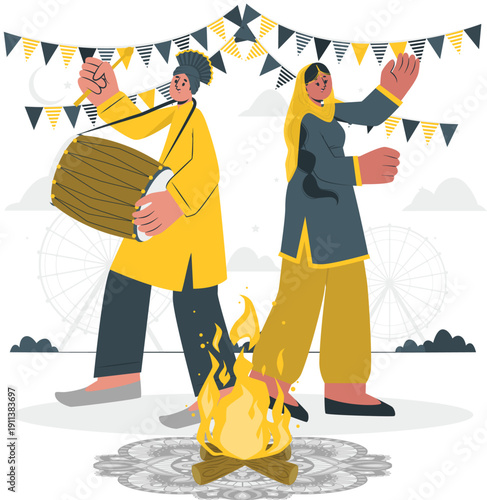 Vibrant couple celebrating Lohri festival with traditional dance around bonfire under festive flags