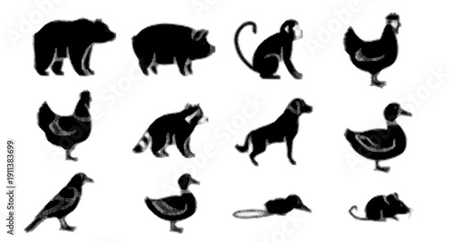 Black vector set of animal silhouettes featuring a collection of cartoon omnivora, rabbit, and bird icons for nature and pet design omnivora