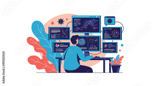 Specialist monitors global health data on multiple computer screens to track the spread and impact of viral infections during a pandemic crisis.