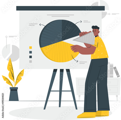 A man presenting a pie chart on an easel in a modern office environment from a slight angle viewpoint