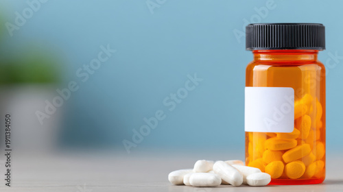 A modern minimalist composition of a prescription pill bottle with spilled tablets and capsules, representing pharmacology and addiction