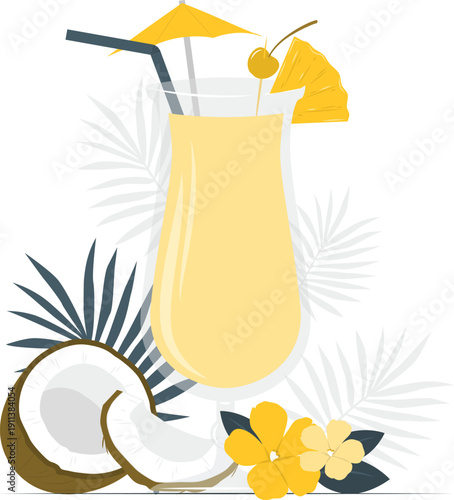 Tropical coconut cocktail with pineapple garnish and straw on a white background with palm leaves and flowers