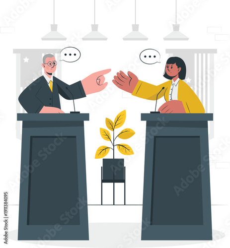 Two debaters gesturing during a formal discussion at podiums in a modern, well-lit conference hall with plants