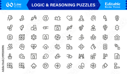 Logic And Reasoning Puzzles Professional Line Icon Set – Modern Minimal Outline Collection Featuring Brain Teasers, Smart Challenges, Thinking Symbols And Unique Concepts