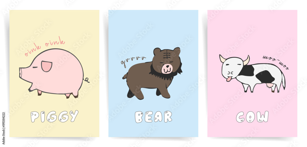 Obraz premium Pastel Cute Animal Nursery Posters Set with Pig Bear Cow Characters, Kids Room Wall Art Print Collection, Hand Drawn Vector Illustration