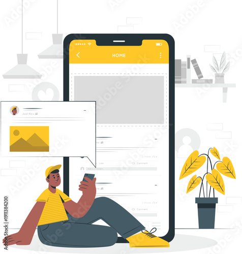 A person relaxing on the floor uses a smartphone to browse through images on a digital platform showcasing various visual content