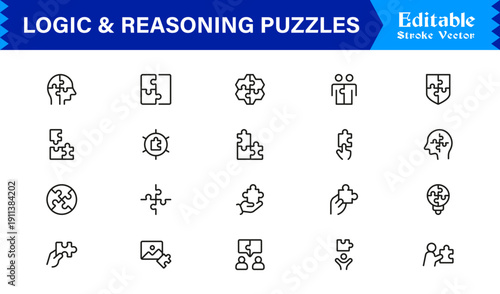 Logic And Reasoning Puzzles Professional Line Icon Set – Modern Minimal Outline Collection Featuring Brain Teasers, Smart Challenges, Thinking Symbols And Unique Concepts