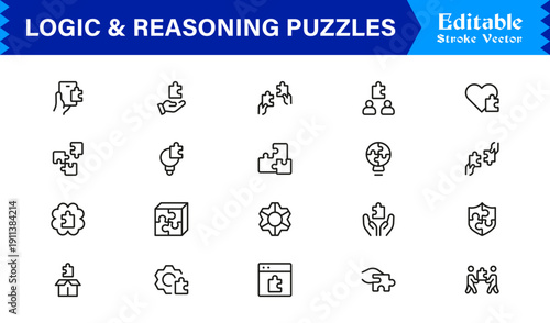 Logic And Reasoning Puzzles Professional Line Icon Set – Modern Minimal Outline Collection Featuring Brain Teasers, Smart Challenges, Thinking Symbols And Unique Concepts