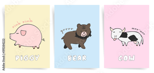 Pastel Cute Animal Nursery Posters Set with Pig Bear Cow Characters, Kids Room Wall Art Print Collection, Hand Drawn Vector Illustration
