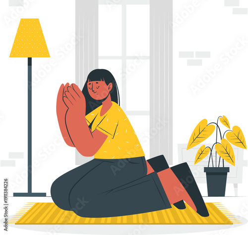 Woman practicing yoga on a mat in a serene living room with a plant and lamp nearby, viewed from the side.