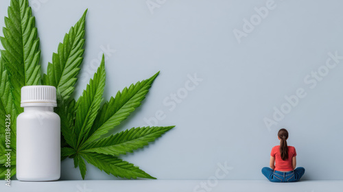 Embracing natural wellness Cannabis leaves, a blank supplement bottle, and a serene meditating figure symbolize holistic health and tranquility