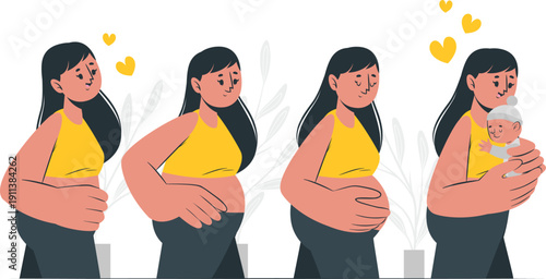 A woman's weight loss journey depicted through four stages, showcasing her transformation with a healthy drink and a positive outlook, set against a simple background.