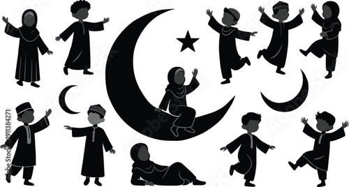 Set of Vector Islamic Silhouettes of Muslim Children with Star and Crescent Moon, Featuring Detailed Outlines, Traditional Outfits, and Happy Poses for Eid Mubarak Celebration