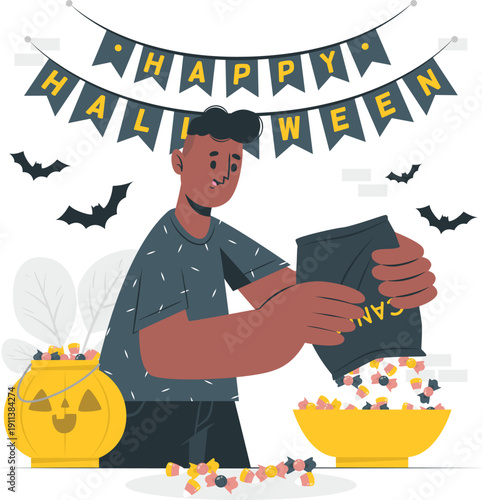 A man trick-or-treating on Halloween night, filling his bag with candies from a bowl, surrounded by festive decorations and spooky leaves.