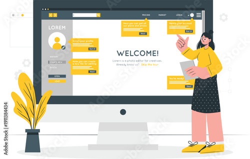 A woman interacts with a large computer screen displaying a welcome interface with various interactive elements and a plant nearby indoors