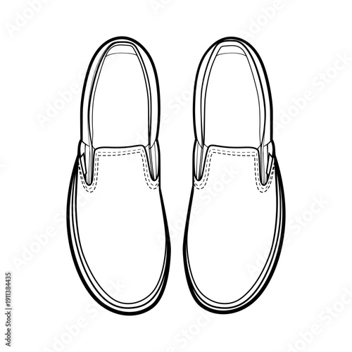 Casual slip-on shoes vector outline. Top-down view black and white illustration. Perfect for fashion mockups and coloring books.