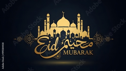 Elegant eid mubarak celebration design with mosque silhouette and festive decorations