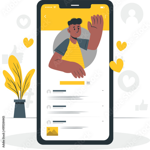 Man waving on social media screen on mobile phone with likes and flowers nearby