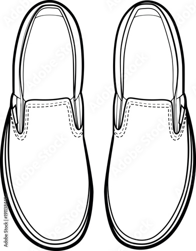 Casual slip-on shoes vector outline. Top-down view black and white illustration. Perfect for fashion mockups and coloring books.