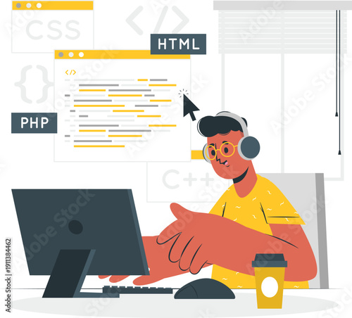 A developer working on coding projects on a computer with HTML and CSS code displayed on the screen.