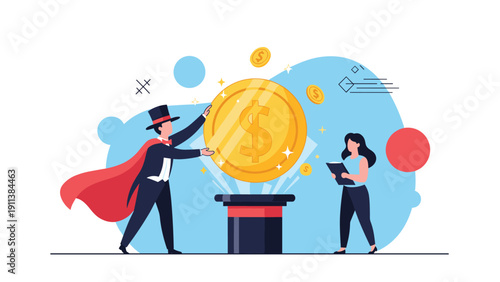Magician performs a financial trick by pulling a giant gold dollar coin out of a top hat to represent sudden wealth and investment success.