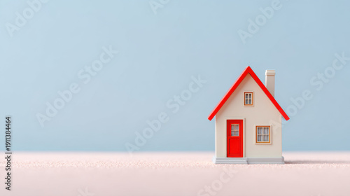 Charming miniature model house with a red roof on a pink surface against a blue background for real estate and home ownership concepts
