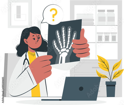 Doctor examining X-ray image of hand with question mark on transparent background illustration