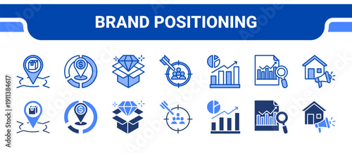 Brand Positioning Icon Collection,  featuring Brand positioning, Market positioning, Value proposition, Target marketing, Market analysis, Competitive analysis, Advertising.