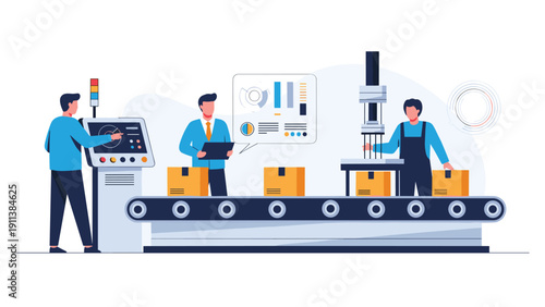 Industrial production line features a conveyor belt with workers and robotic arms managing automated packaging and logistics of cardboard boxes.