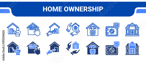 Home Ownership Icon Collection,  featuring Ownership, Buy home, House key, Mortgage, Home insurance, Safe deposit, Luxury home.