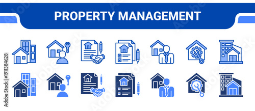 Property Management Icon Collection,  featuring Property, Tenant, Contract, Registration form, Property agent, Home service, Residential building.