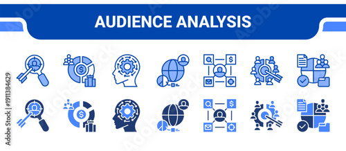 Audience Analysis Icon Collection,  featuring Target audience, Demographic, Psychographics, Geographic, Buyer persona, Market segment, Segmentation.