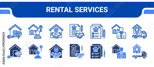 Rental Services Icon Collection,  featuring Home rent, Tenant, House agreement, Contract, Registration form, Property agent, Relocation.