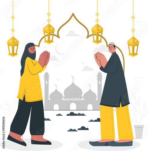 Illustration of a man and woman praying together under lanterns near a mosque on a serene night