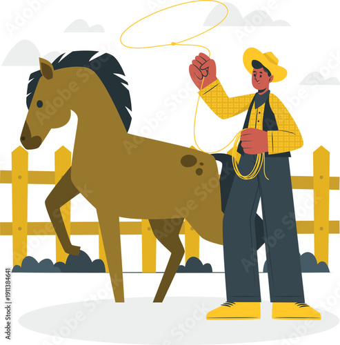Cowboy lassoing a horse in a farmyard, viewed from the side in a graphic illustration
