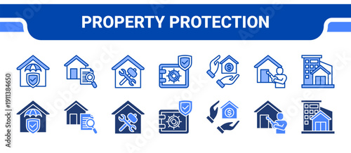 Property Protection Icon Collection,  featuring Home insurance, Home inspection, Home repair, Safe deposit, Mortgage, Ownership, Residential building.