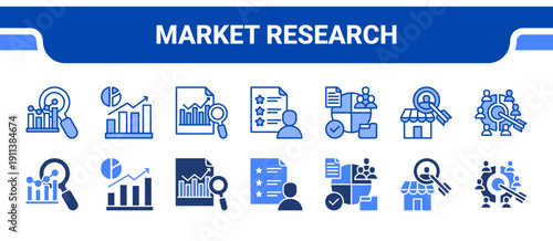 Market Research Icon Collection,  featuring Market research, Market analysis, Competitive analysis, Customer survey, Segmentation, Target market, Market segment.